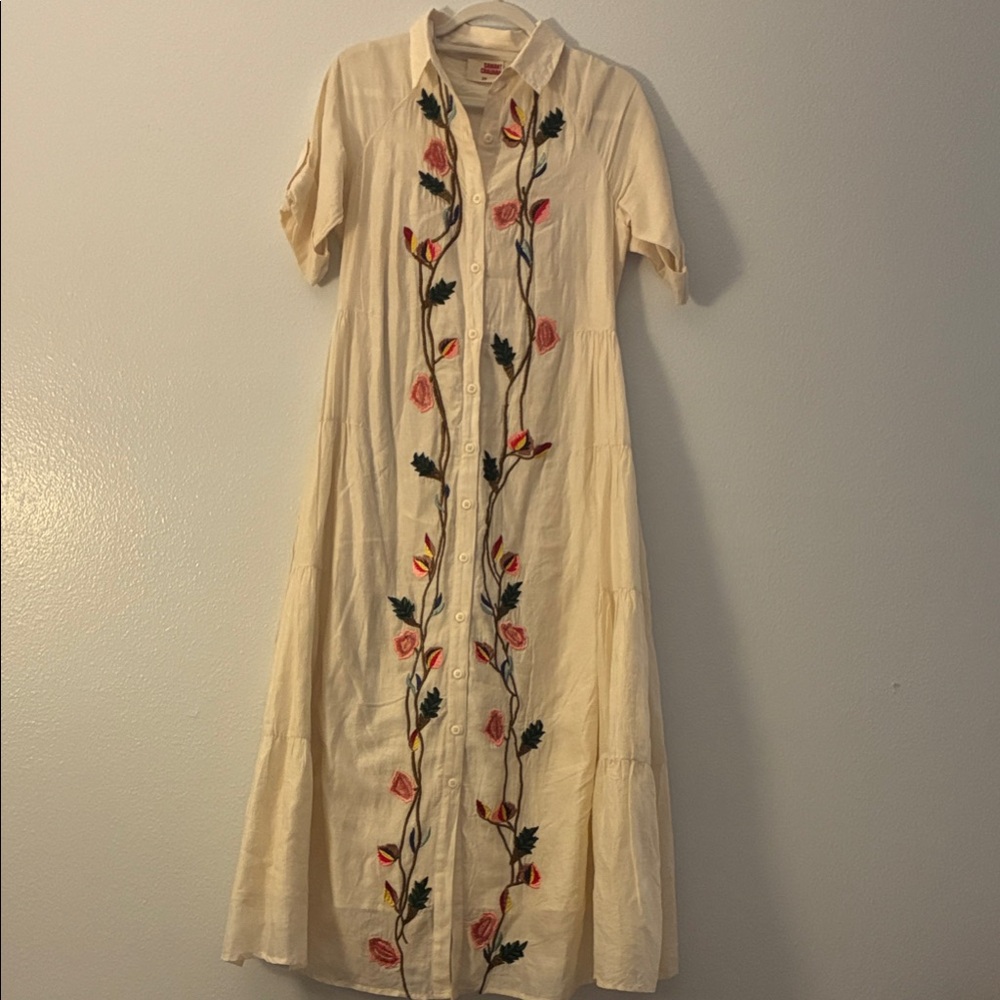 Anthropologie Cream Floral Embroidered Maxi Dress